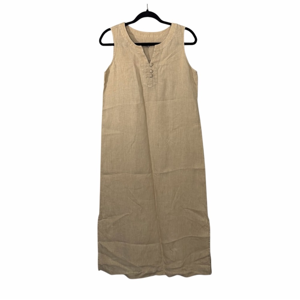J Jill Linen Dress Women Small Slit Tan Cream Beach Resort Sleeveless Pullover